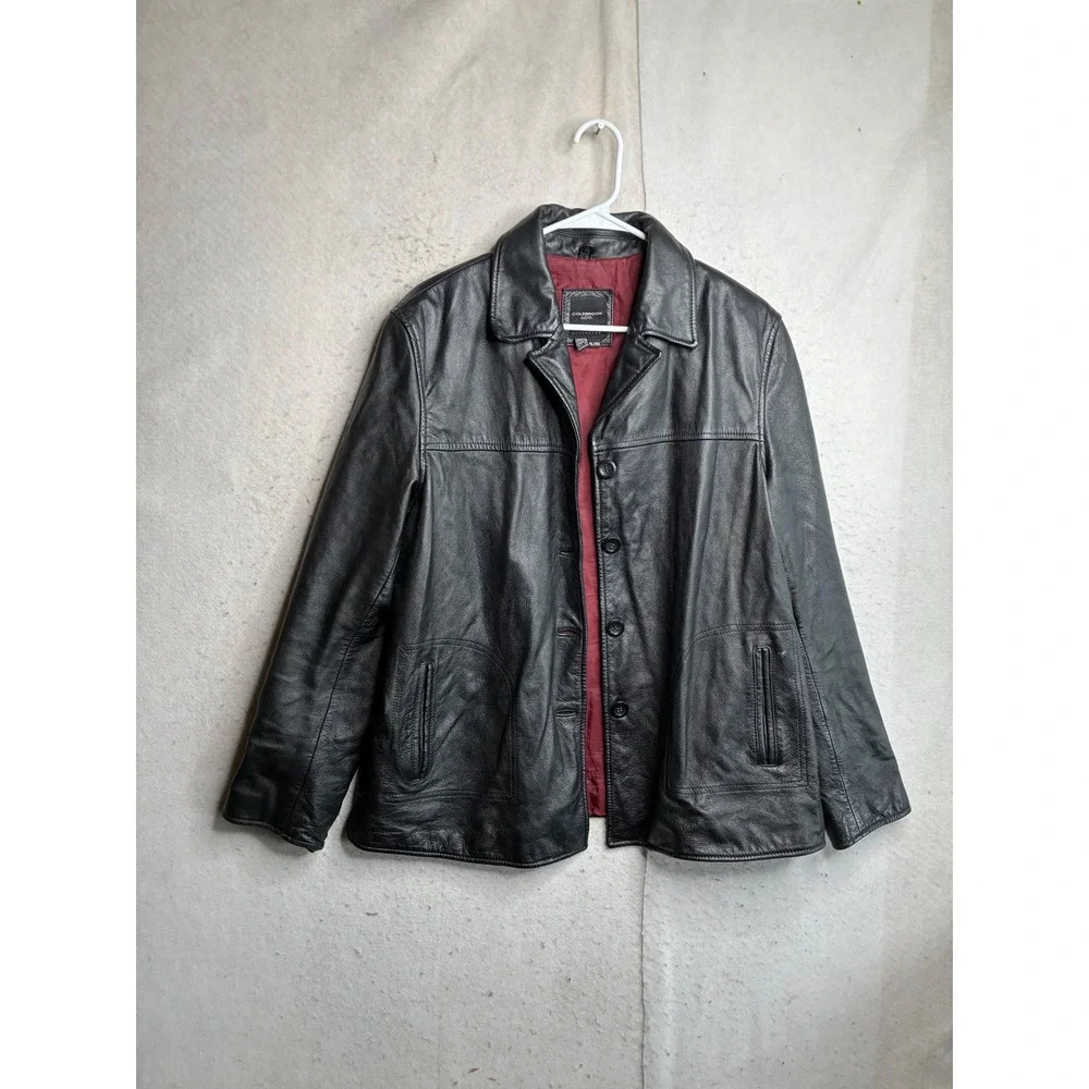 Colebrook & Co Black Leather Jacket Mens XL Button Front Burgundy Lining 8215
